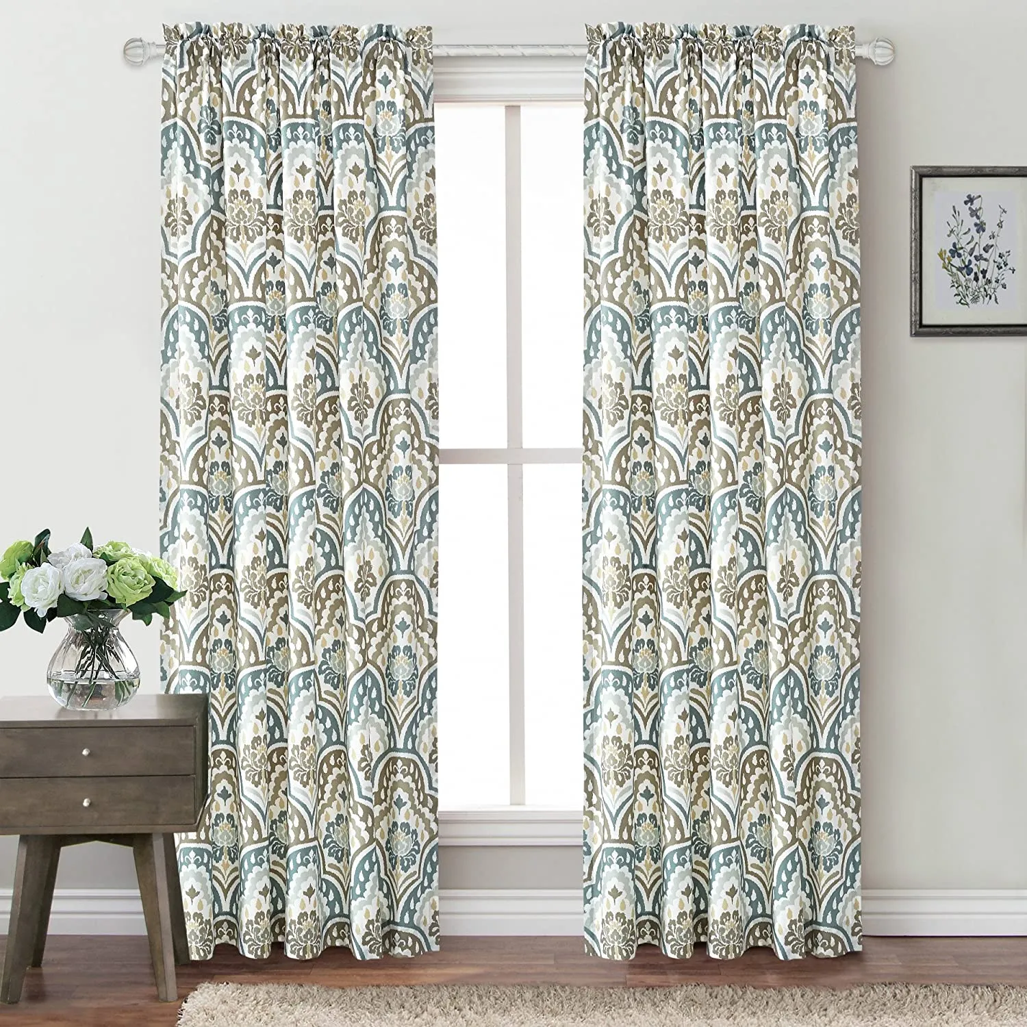 2 Panels. Tivoli Ikat Design Curtain Set Teal-Aqua