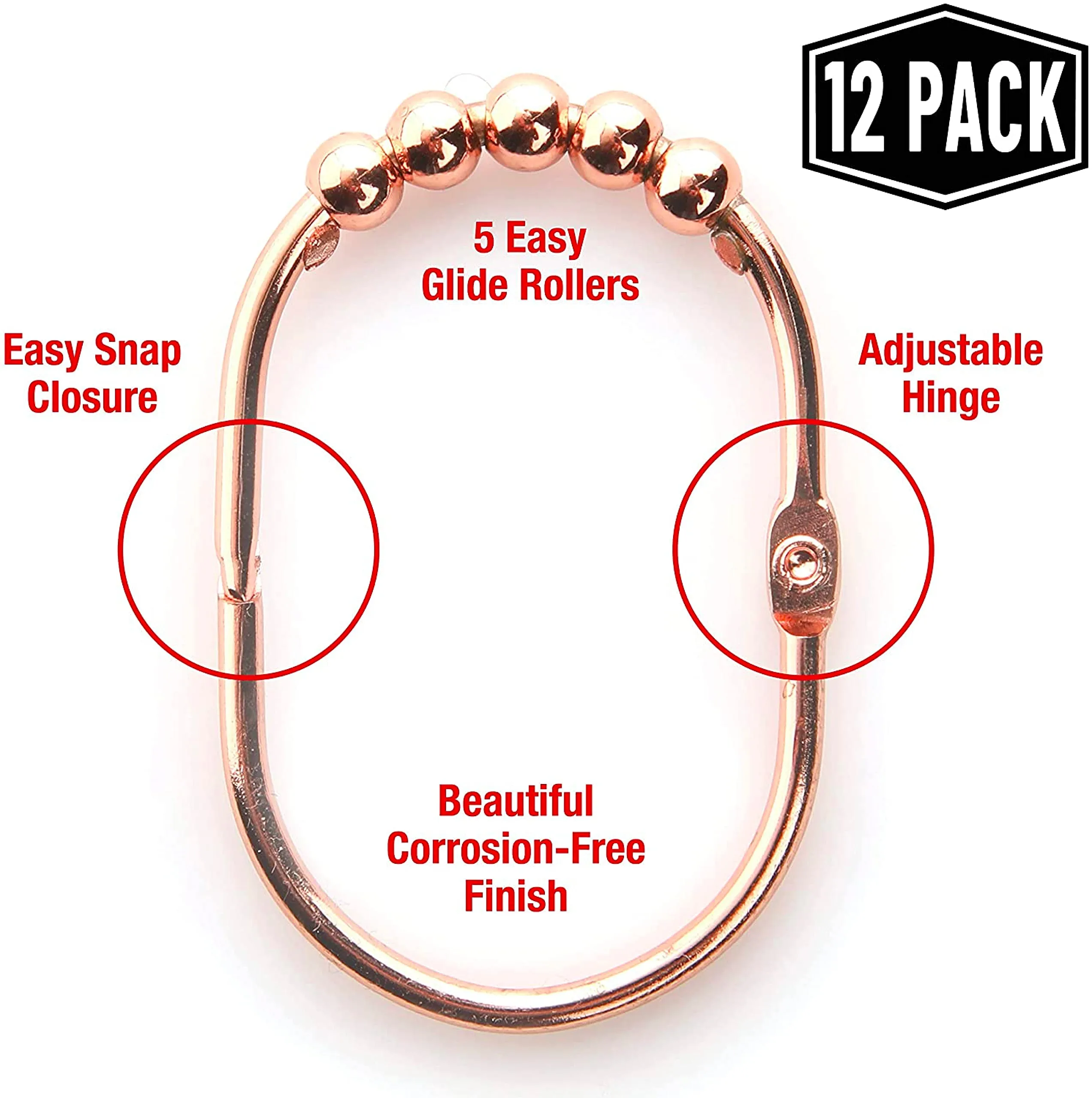 2lbDepot Copper Shower Curtain Rings Hooks, Premium Rust-Resistant Stainless Steel Metal