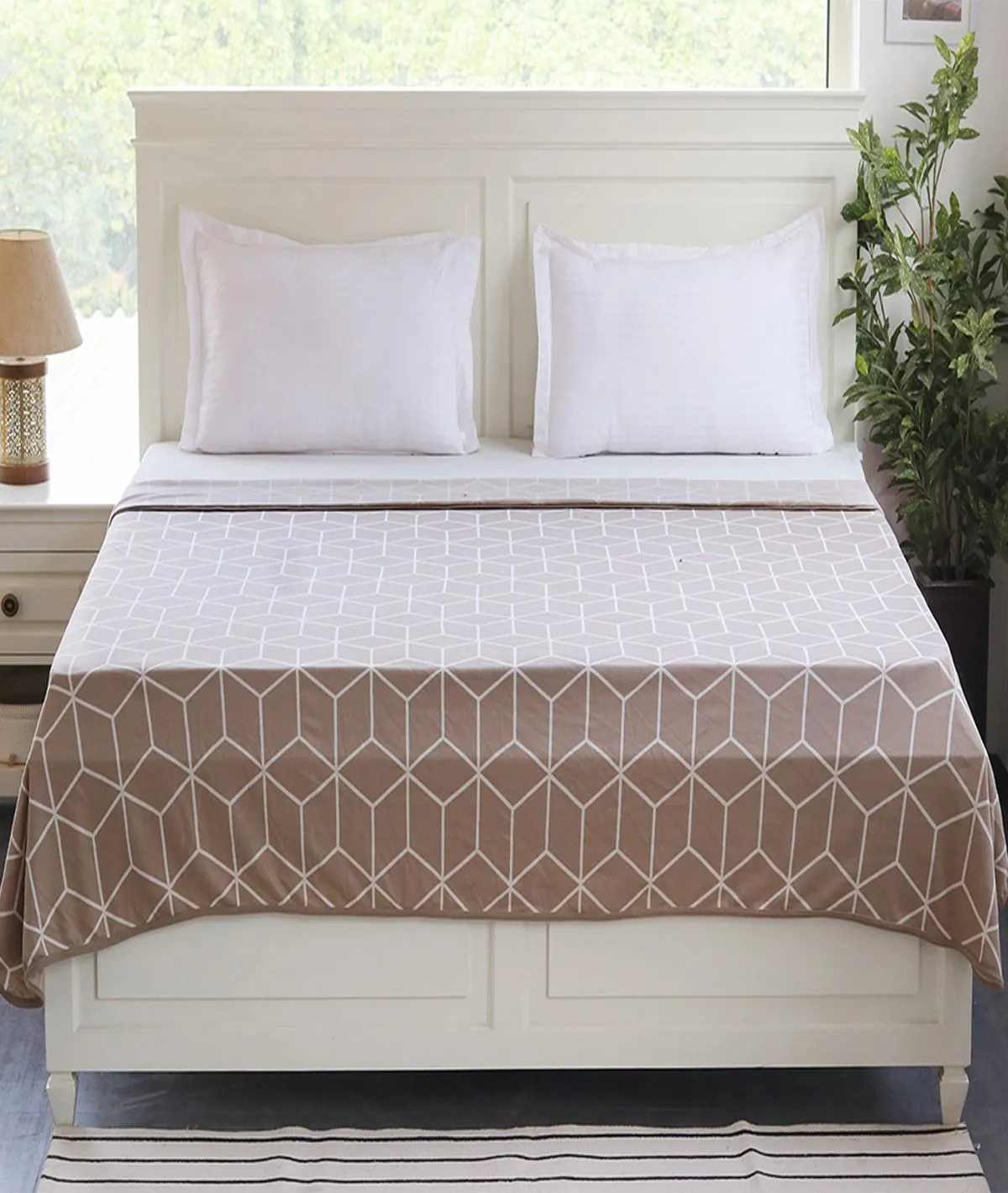 3D Cubic Cotton Knitted Double Bed AC Blanket / Dohar For Round The Year Use (Stone & Natural)