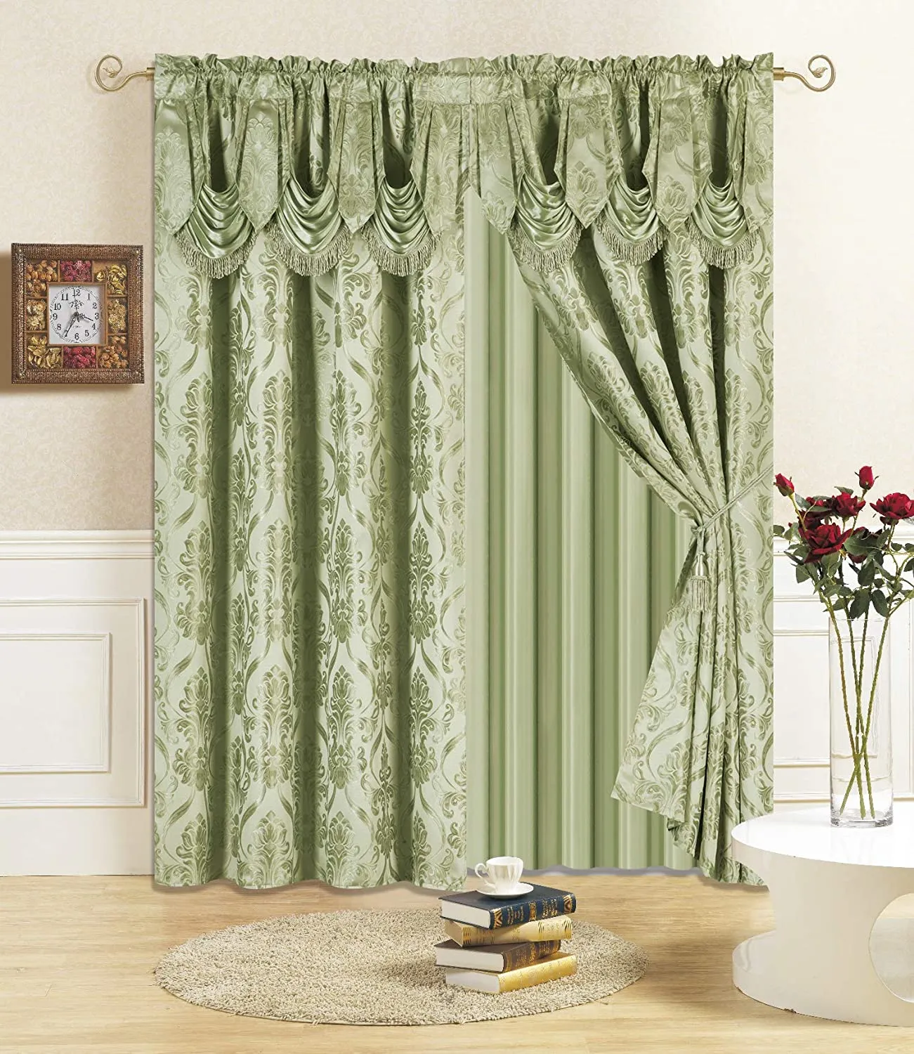 6 Piece Drape Set with Attached Valance and Sheer with 2 Tie Backs