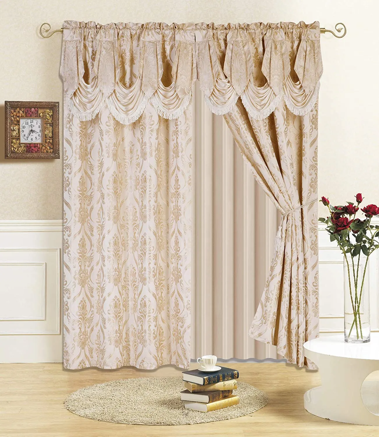 6 Piece Drape Set with Attached Valance and Sheer with 2 Tie Backs