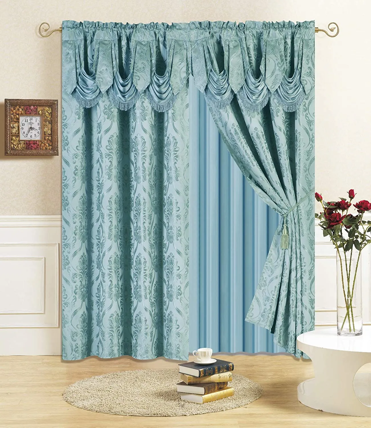 6 Piece Drape Set with Attached Valance and Sheer with 2 Tie Backs