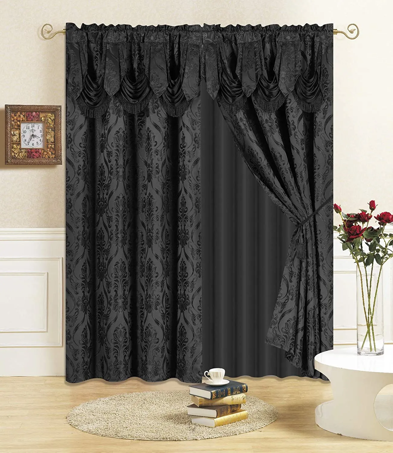 6 Piece Drape Set with Attached Valance and Sheer with 2 Tie Backs