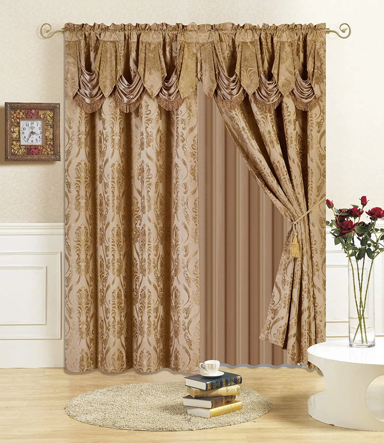 6 Piece Drape Set with Attached Valance and Sheer with 2 Tie Backs