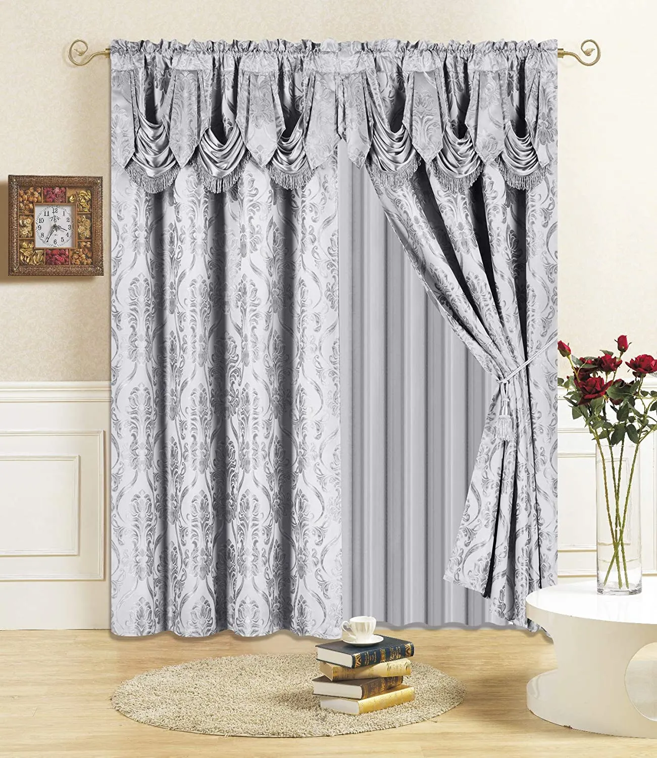 6 Piece Drape Set with Attached Valance and Sheer with 2 Tie Backs