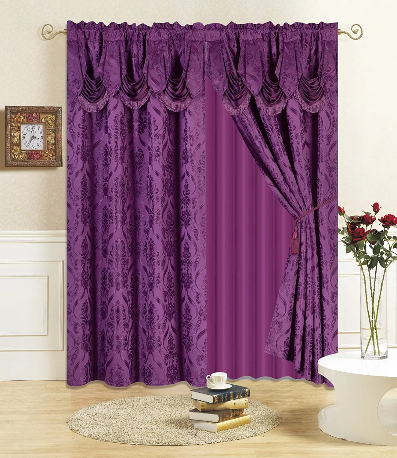 6 Piece Drape Set with Attached Valance and Sheer with 2 Tie Backs