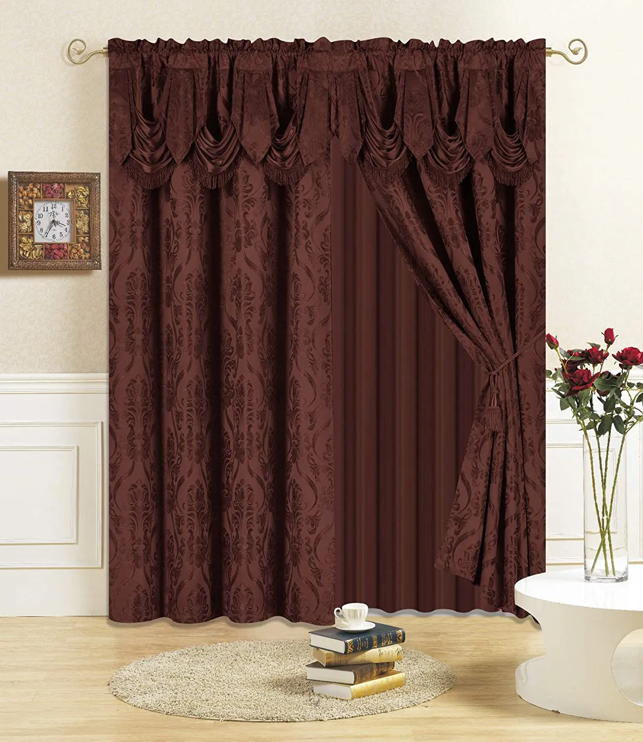 6 Piece Drape Set with Attached Valance and Sheer with 2 Tie Backs