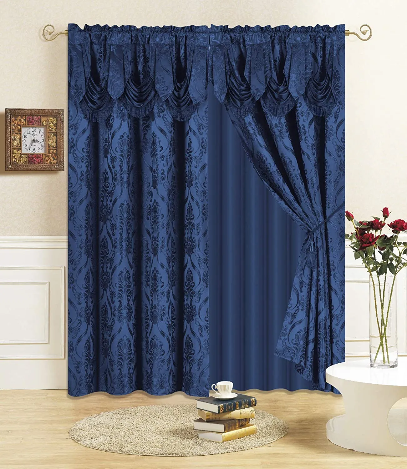 6 Piece Drape Set with Attached Valance and Sheer with 2 Tie Backs