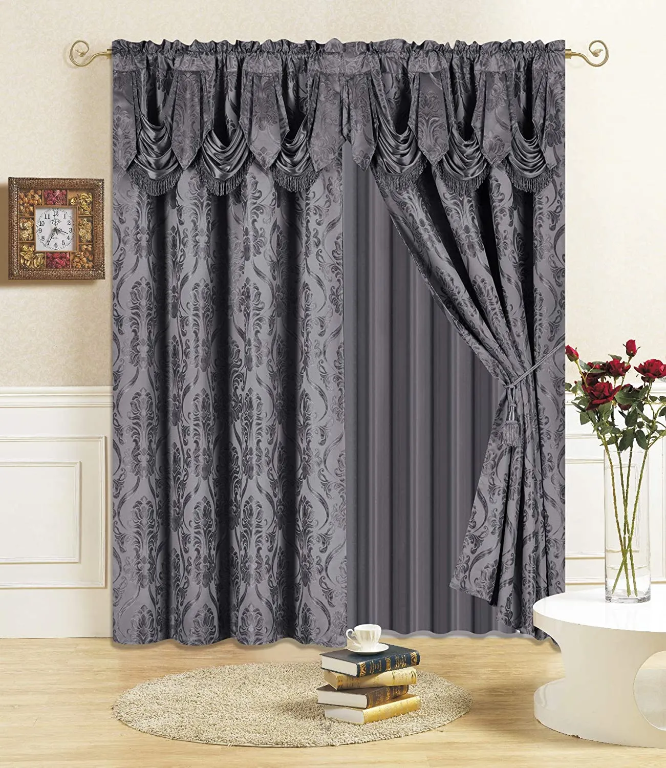 6 Piece Drape Set with Attached Valance and Sheer with 2 Tie Backs