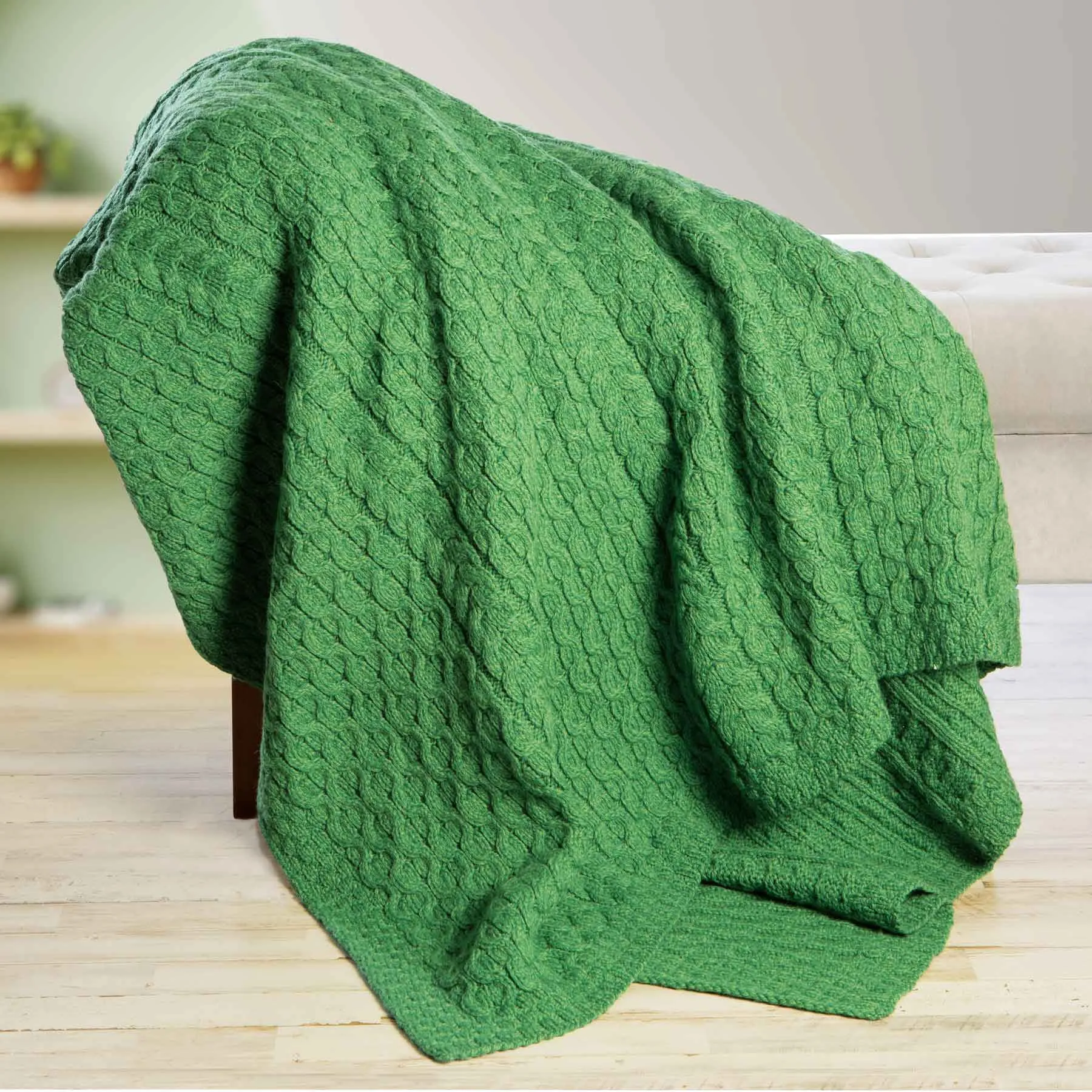 Aran Knit Honeycomb King Blanket- Green