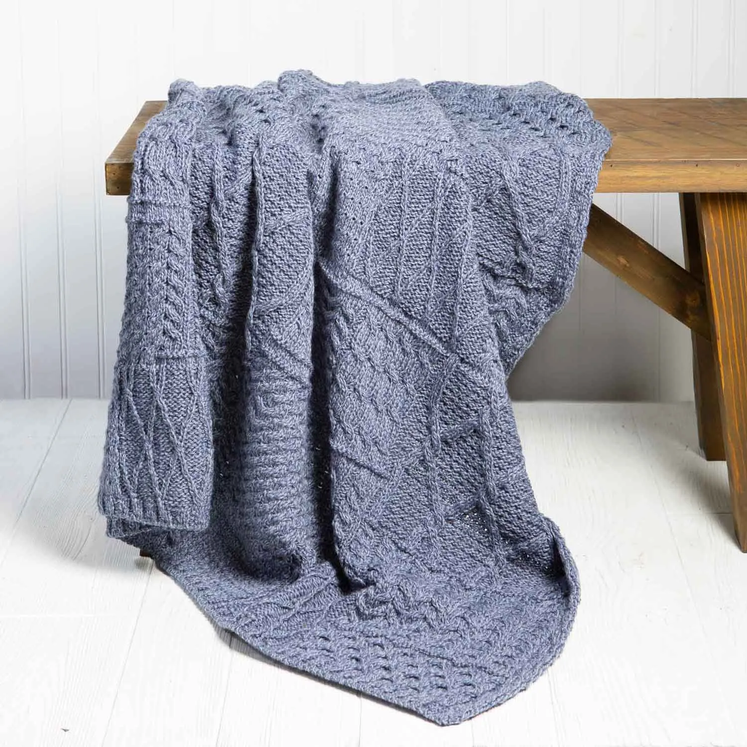 Aran Knit Patchwork Blanket- Blue