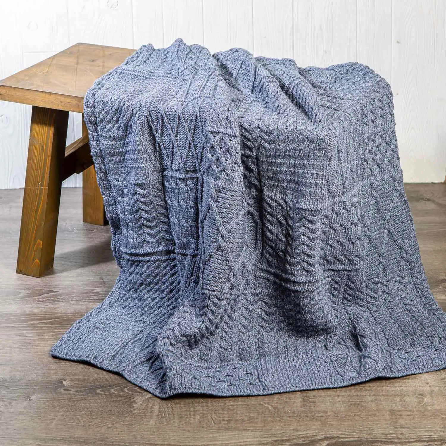 Aran Knit Patchwork Blanket- Blue