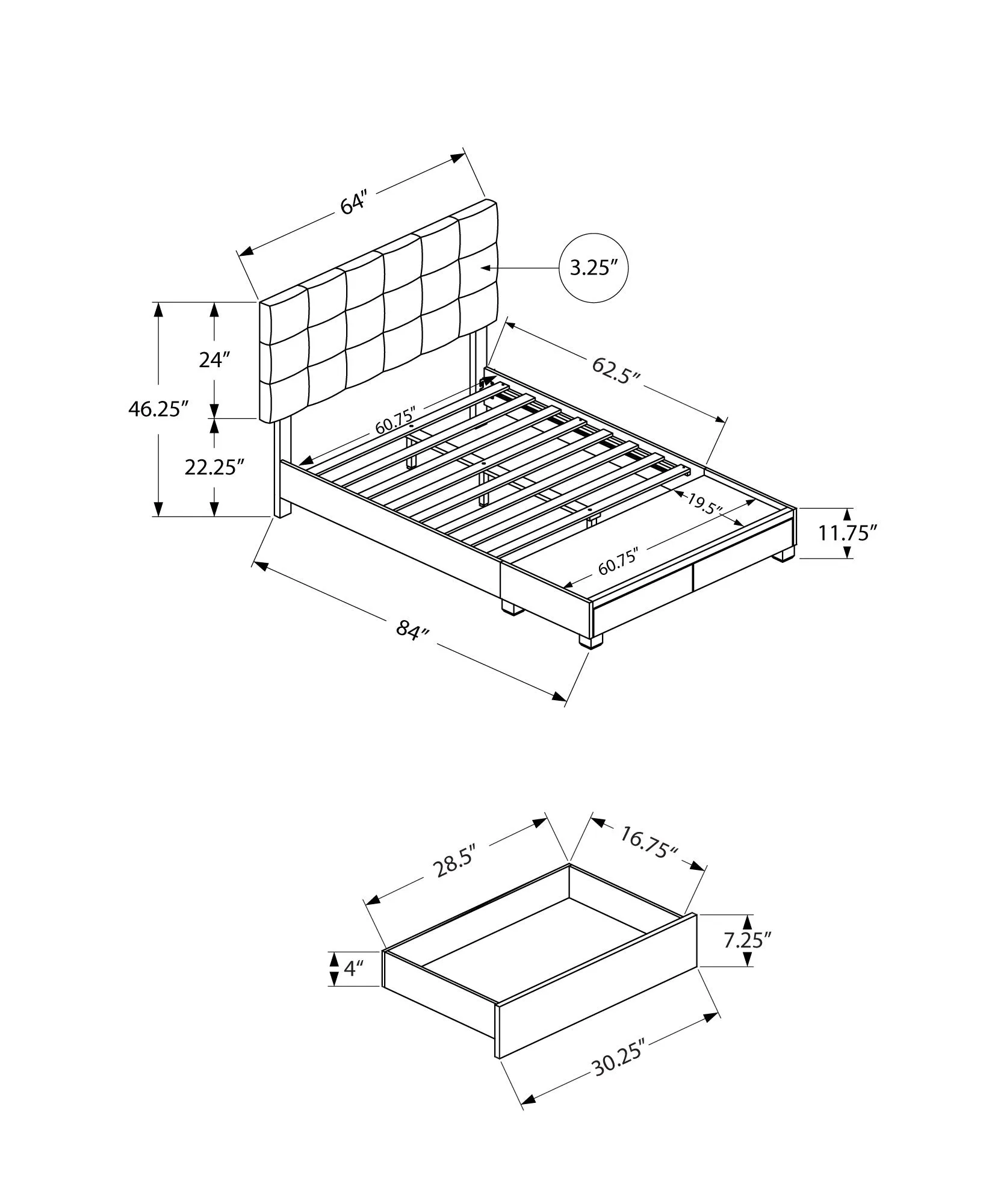 Bed - Queen Size / Beige Linen With 2 Storage Drawers