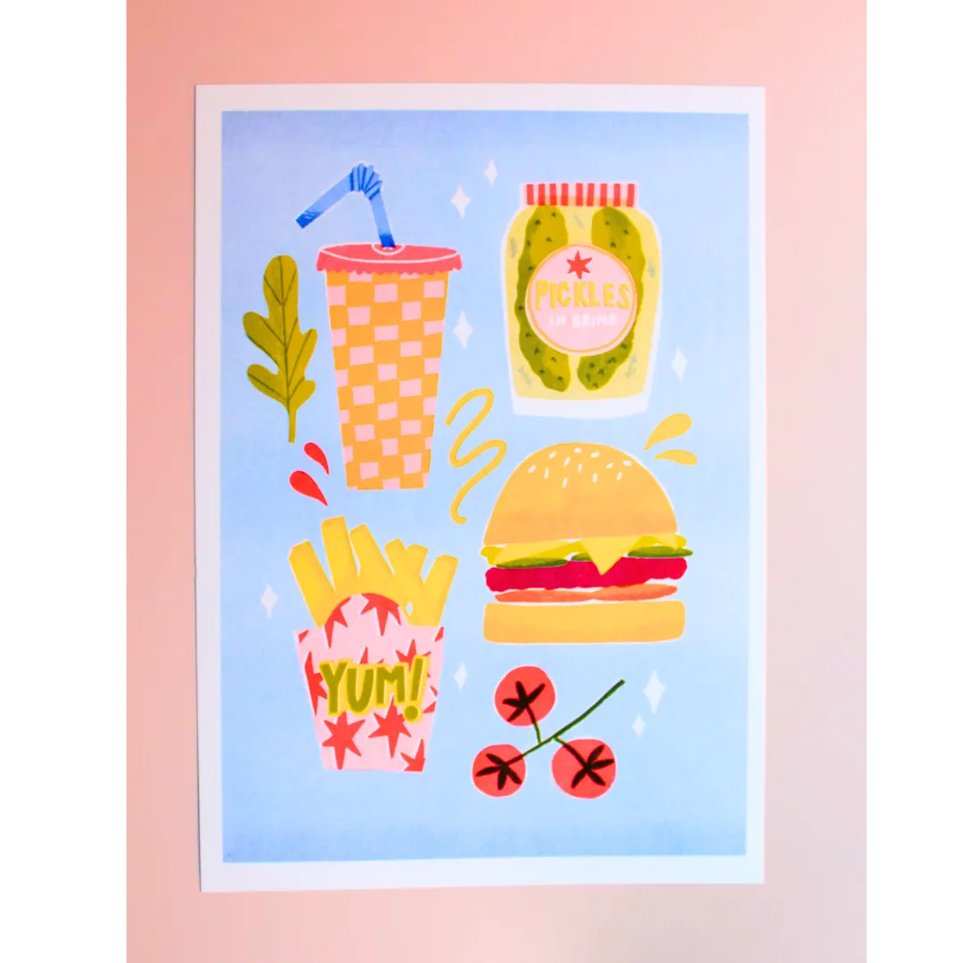 Burger and Fries Risograph Print