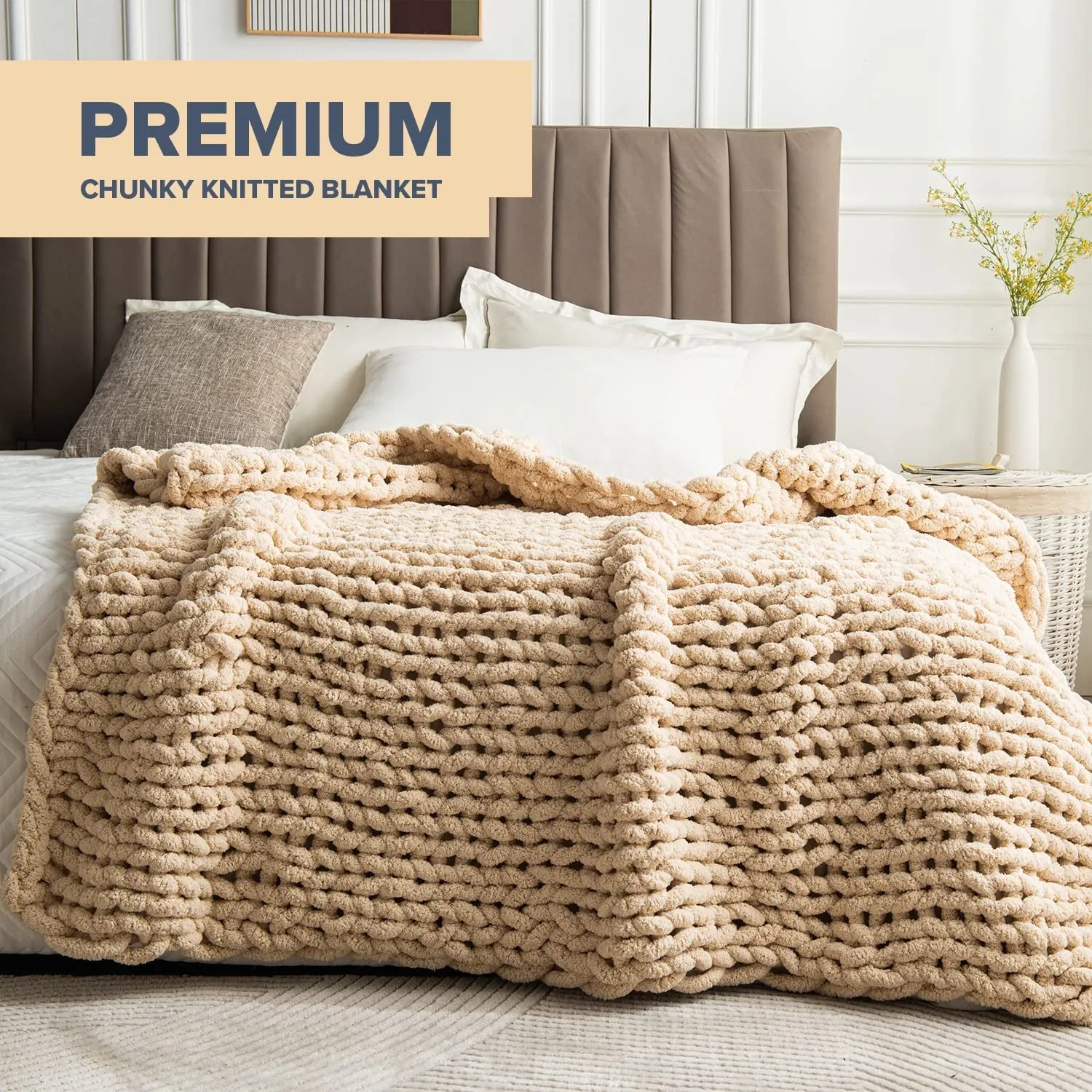 Chunky Knit Blanket Throw - 50"X60" 3.7 Lbs. - Soft Chenille Yarn Knitted Blanket -