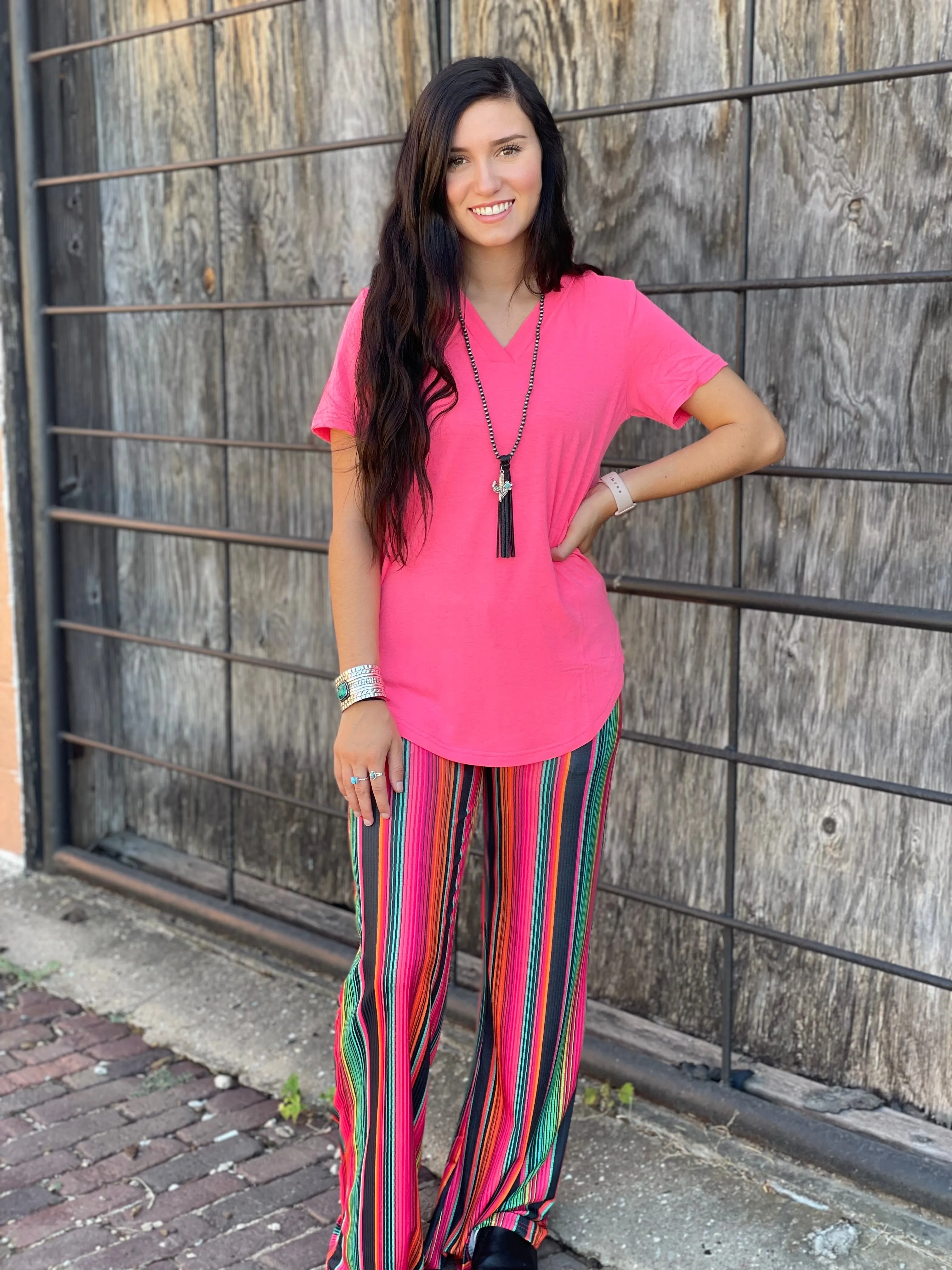 Crazy Train Neon Pink V-Neck Basic Top