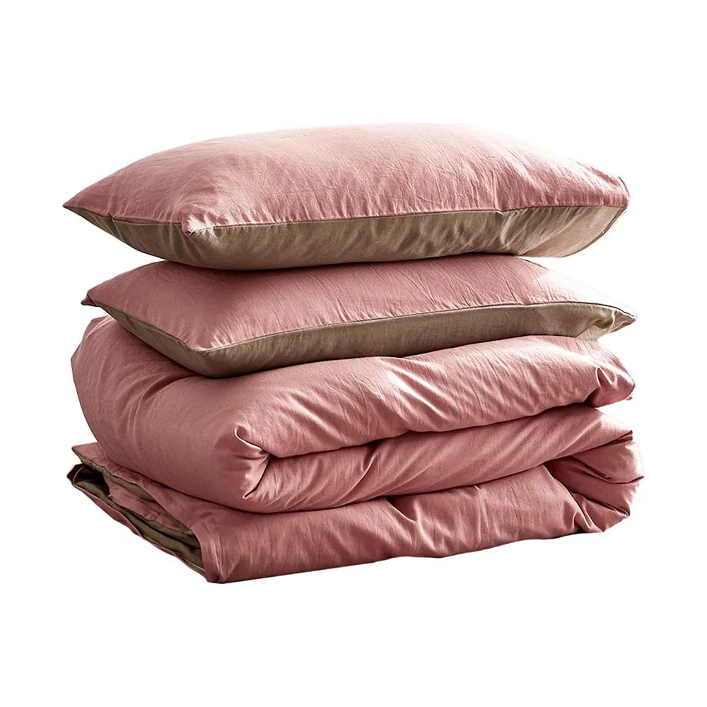 Deluxe Washed Cotton Quilt Set Pink Brown Double