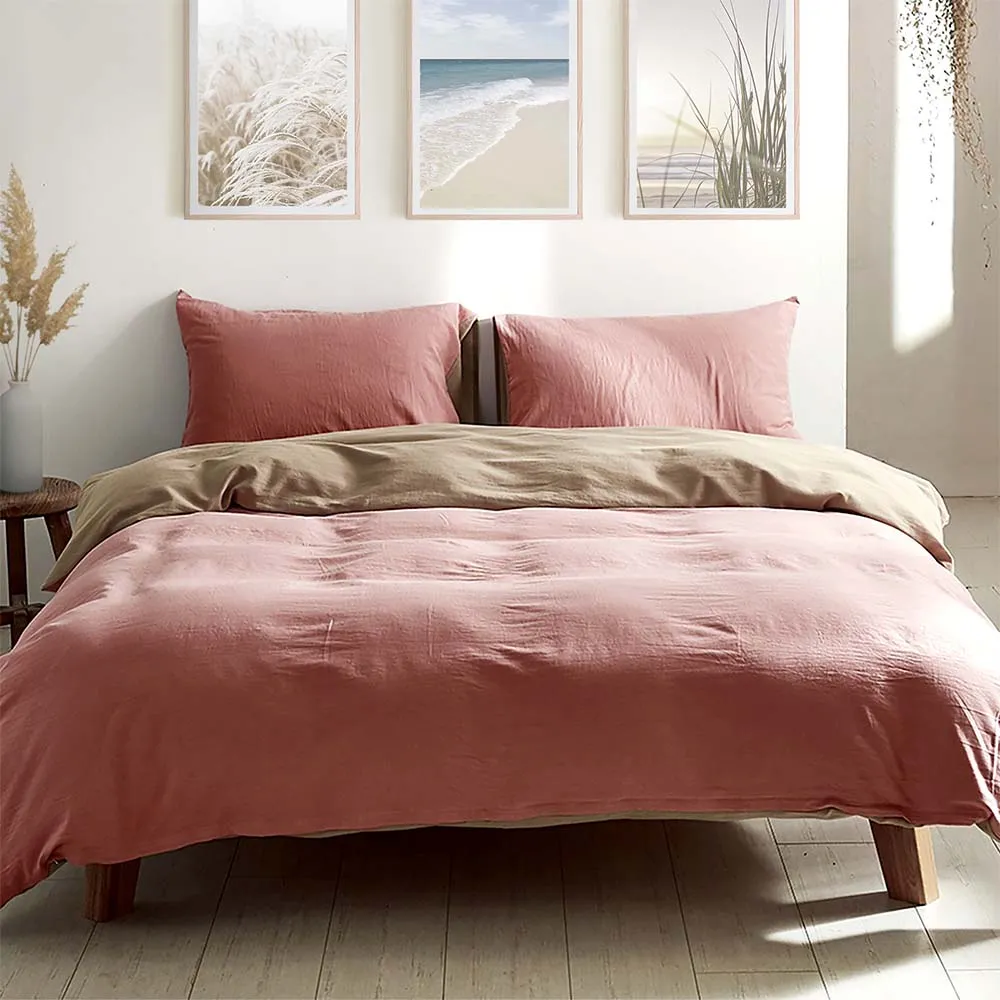 Deluxe Washed Cotton Quilt Set Pink Brown Double