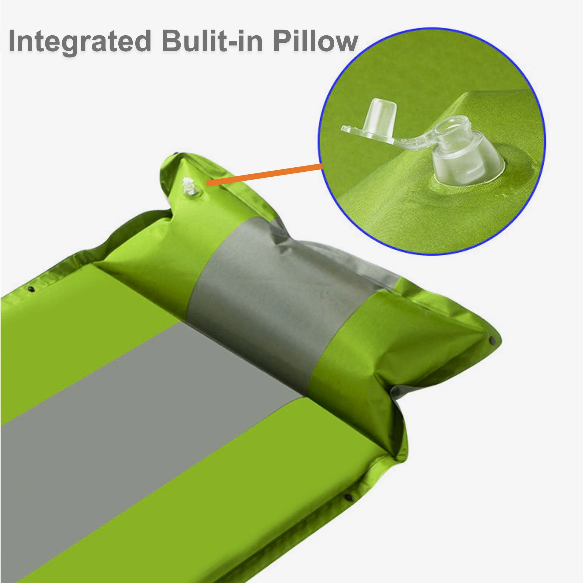 Double Self Inflating Mattress Sleeping Mat Air Bed Camping Camp Hiking Joinable Pillow - green