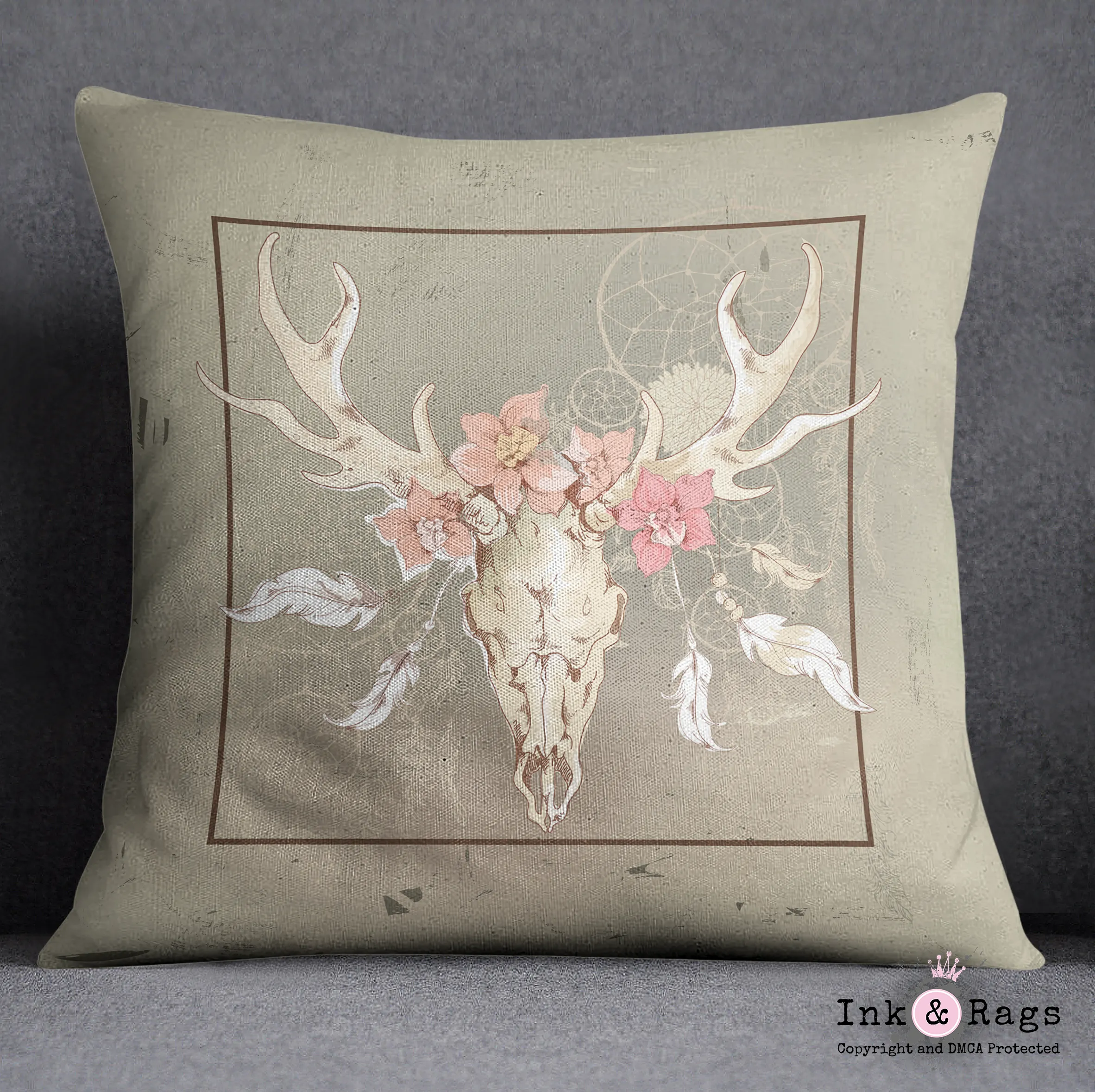 Dreamcatcher Floral Buck Skull Decorative Throw and Pillow Cover Set