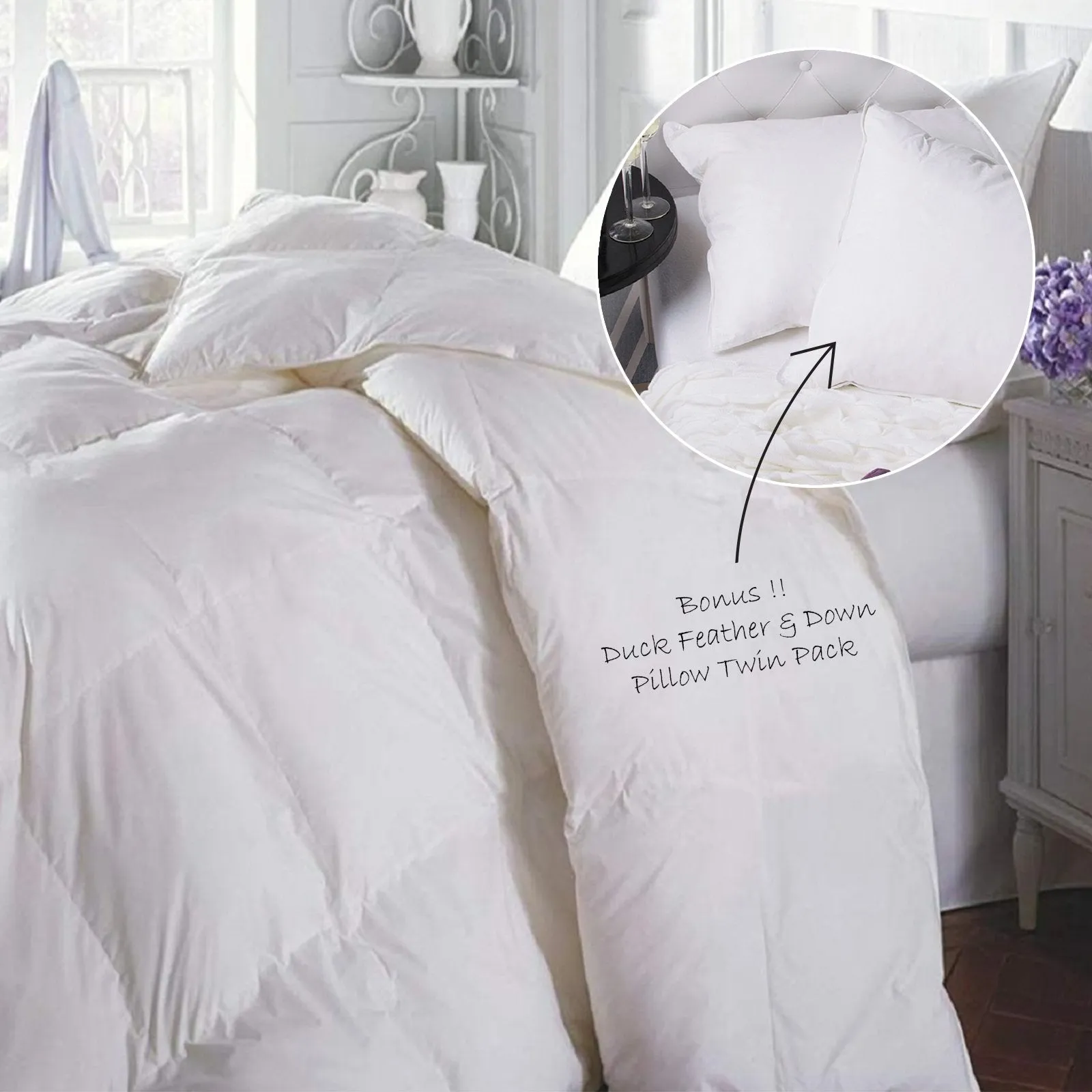 Duck Feather & Down Quilt 500GSM   Duck Feather and Down Pillows 2 Pack Combo Double White