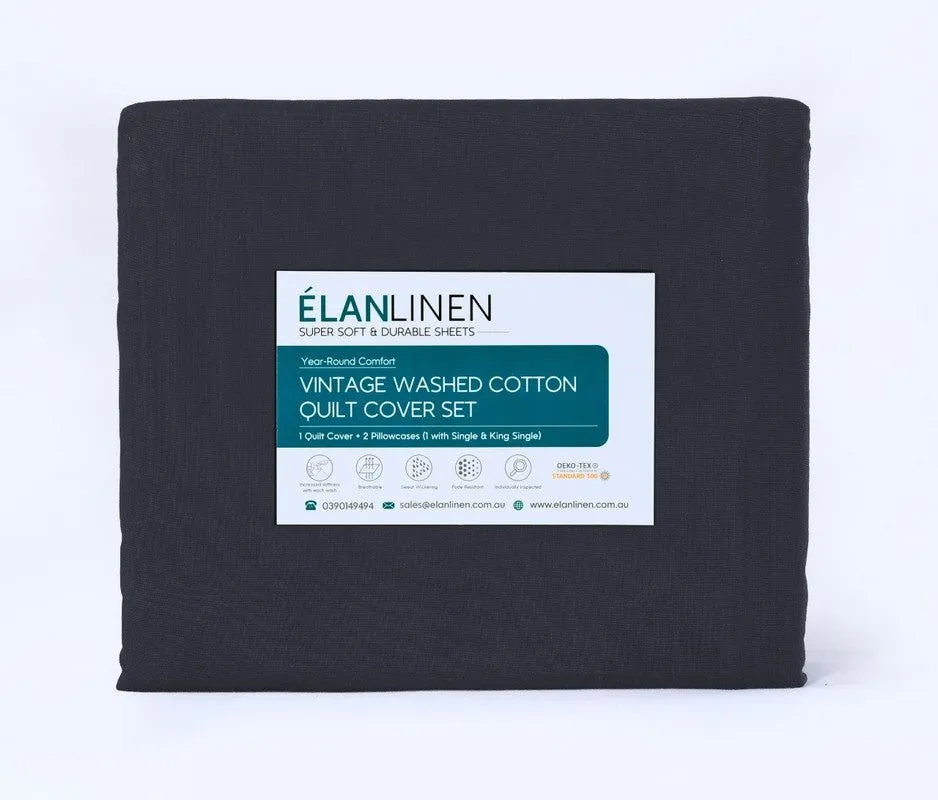 Elan Linen 100% Egyptian Cotton Vintage Washed 500TC Charcoal King Single Bed Sheets Set