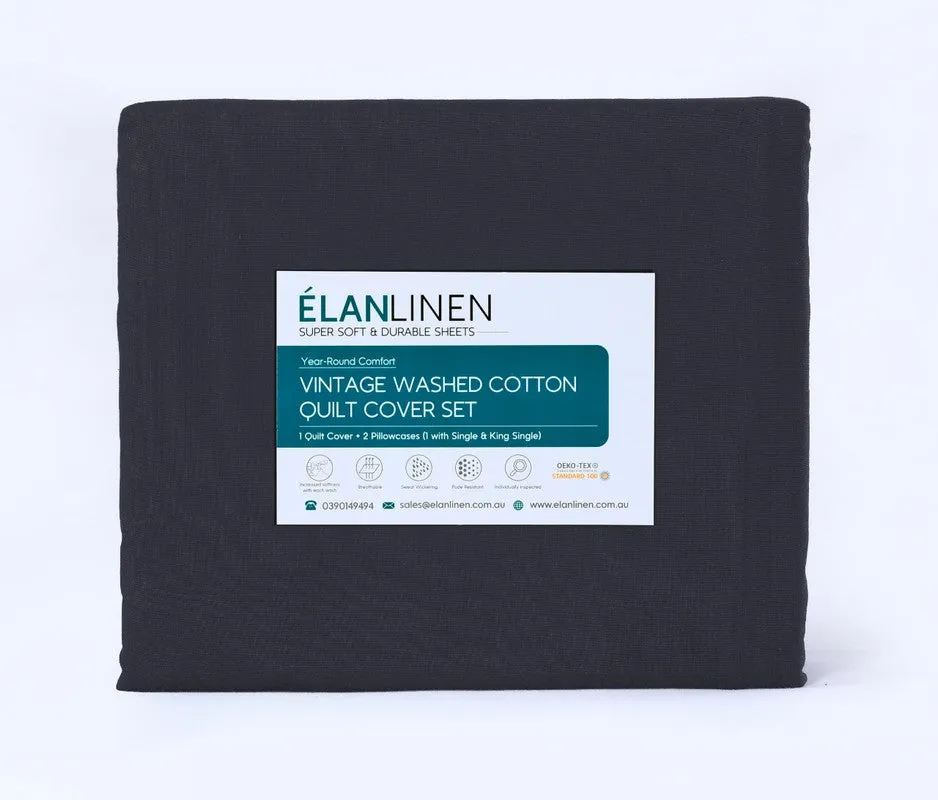 Elan Linen 100% Egyptian Cotton Vintage Washed 500TC Charcoal Single Bed Sheet Set