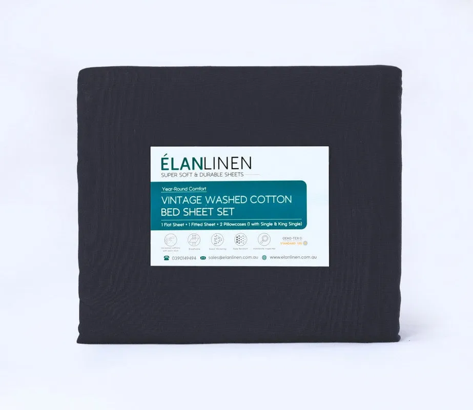 Elan Linen 100% Egyptian Cotton Vintage Washed 500TC Charcoal Single Bed Sheet Set