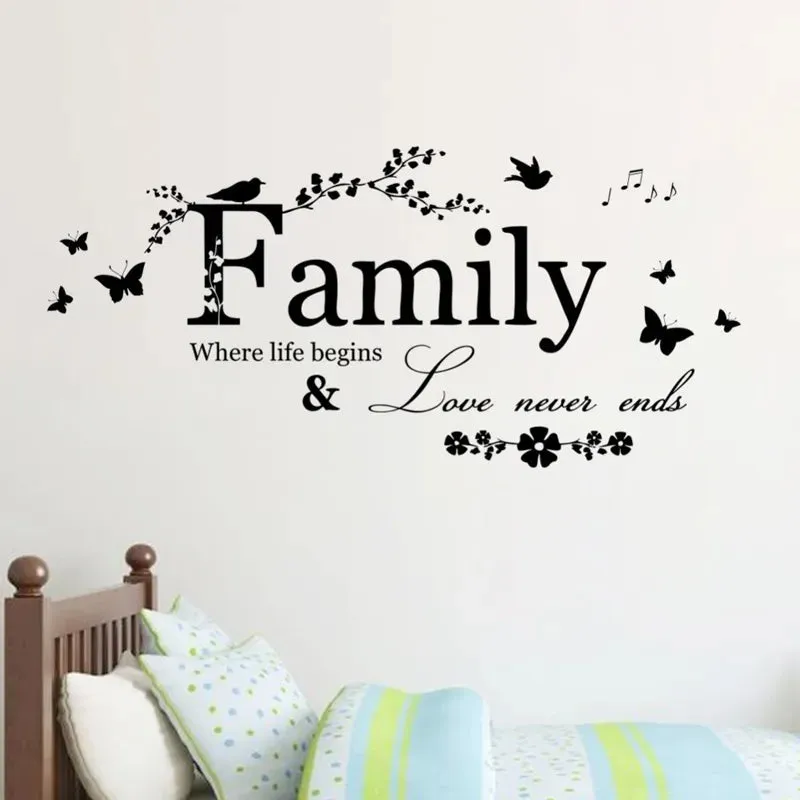 Family Quote Wall Decal Where Life Begins Love Never Ends Inspirational Words Wall Decor For Living Room Removable PVC Vinyl Creative DIY Decor