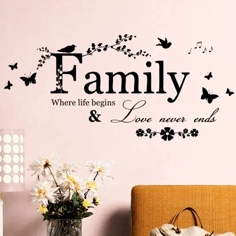 Family Quote Wall Decal Where Life Begins Love Never Ends Inspirational Words Wall Decor For Living Room Removable PVC Vinyl Creative DIY Decor