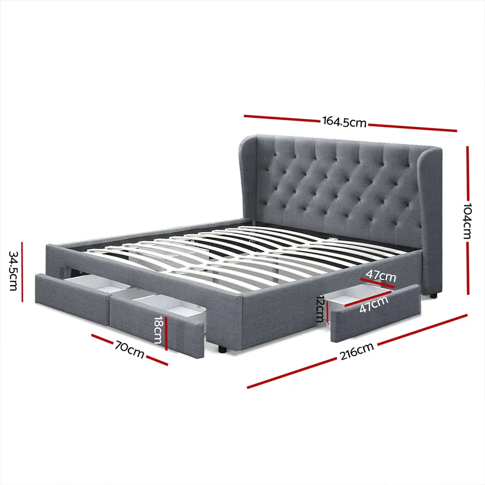 Grey Bed Frame Queen Size w/ Storage Drawers & Tufted Headboard Artiss