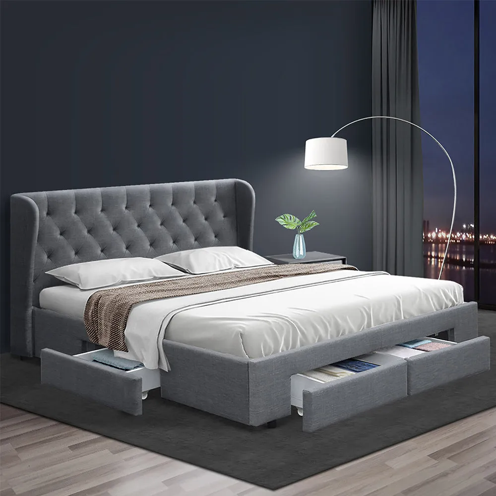 Grey Bed Frame Queen Size w/ Storage Drawers & Tufted Headboard Artiss