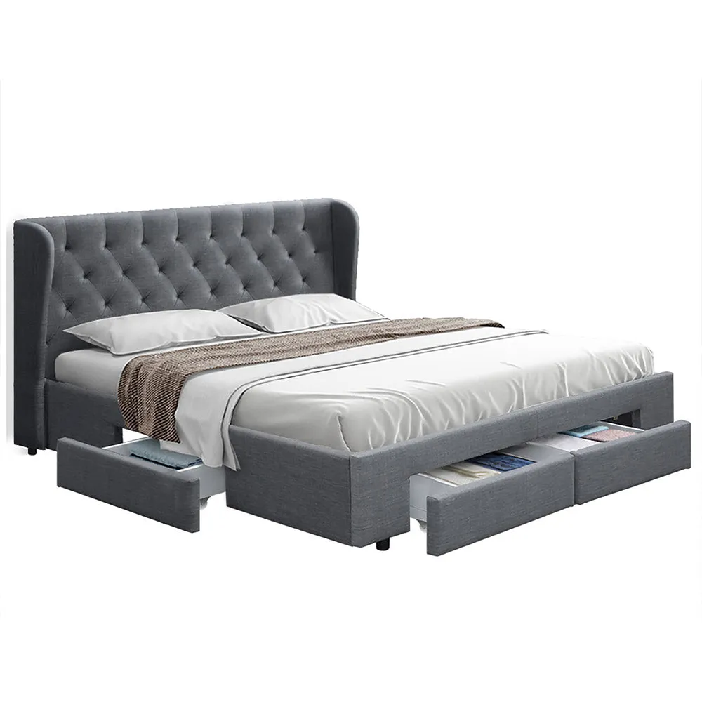 Grey Bed Frame Queen Size w/ Storage Drawers & Tufted Headboard Artiss