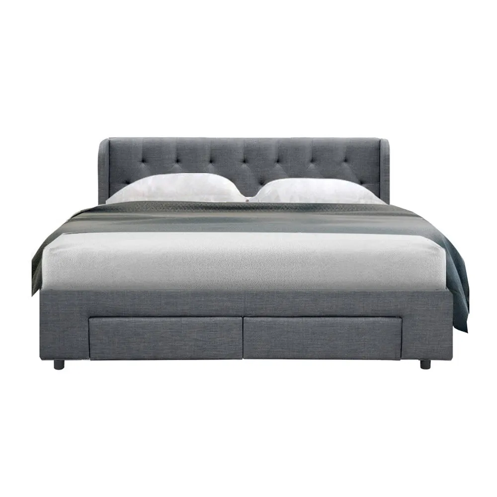 Grey Bed Frame Queen Size w/ Storage Drawers & Tufted Headboard Artiss