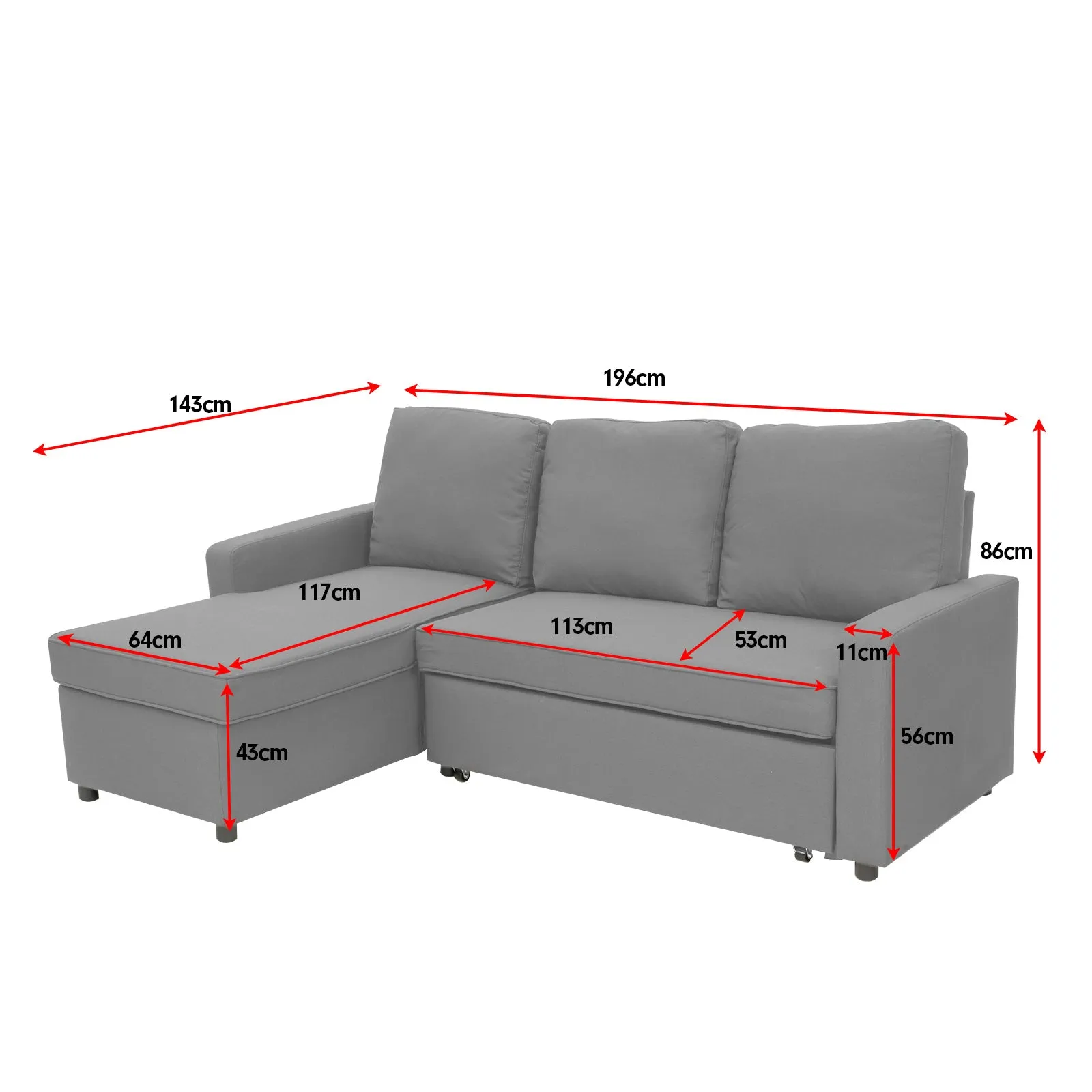 Light Grey 3-Seater Sofa Bed, Storage, Chaise Lounge