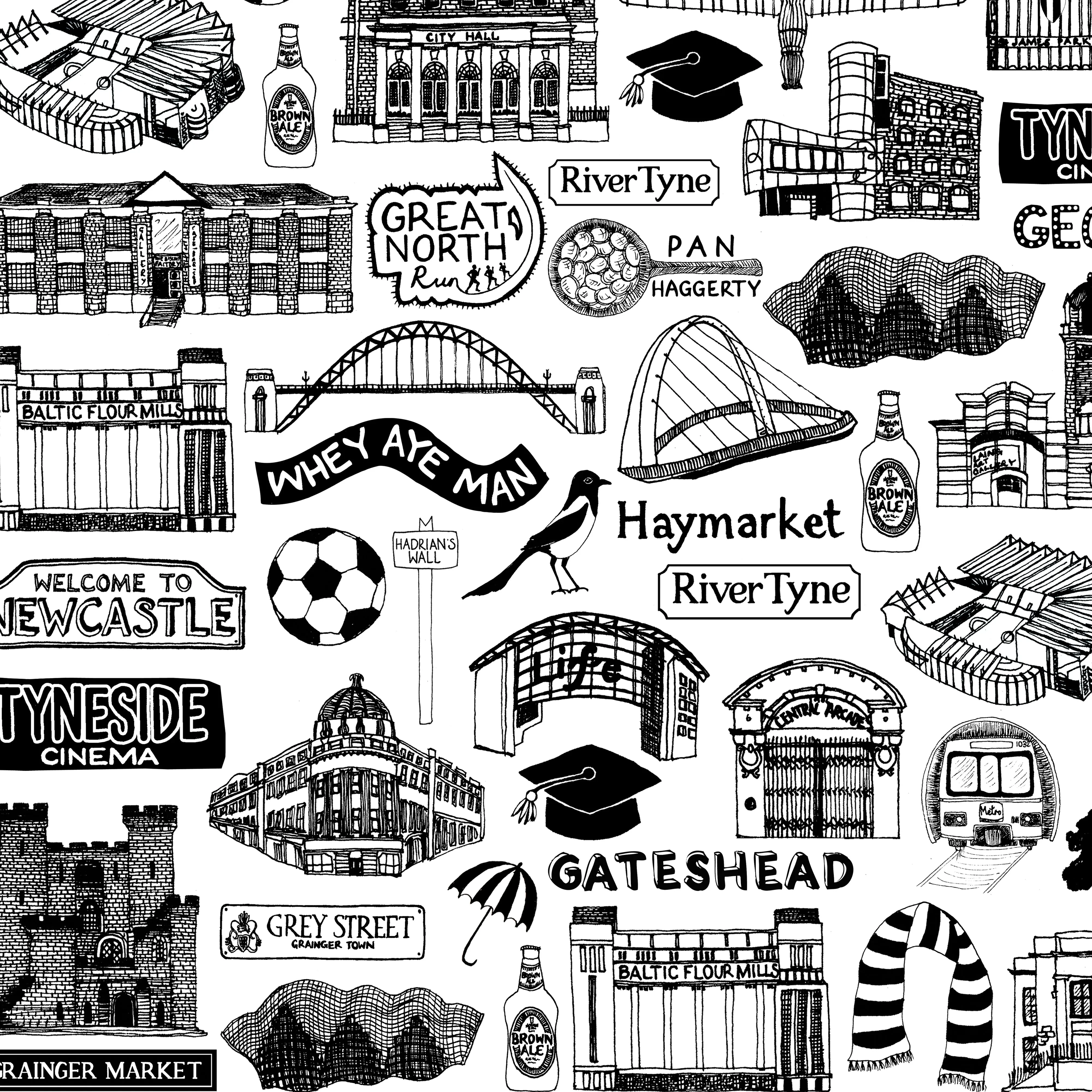 Newcastle illustrated black and white print