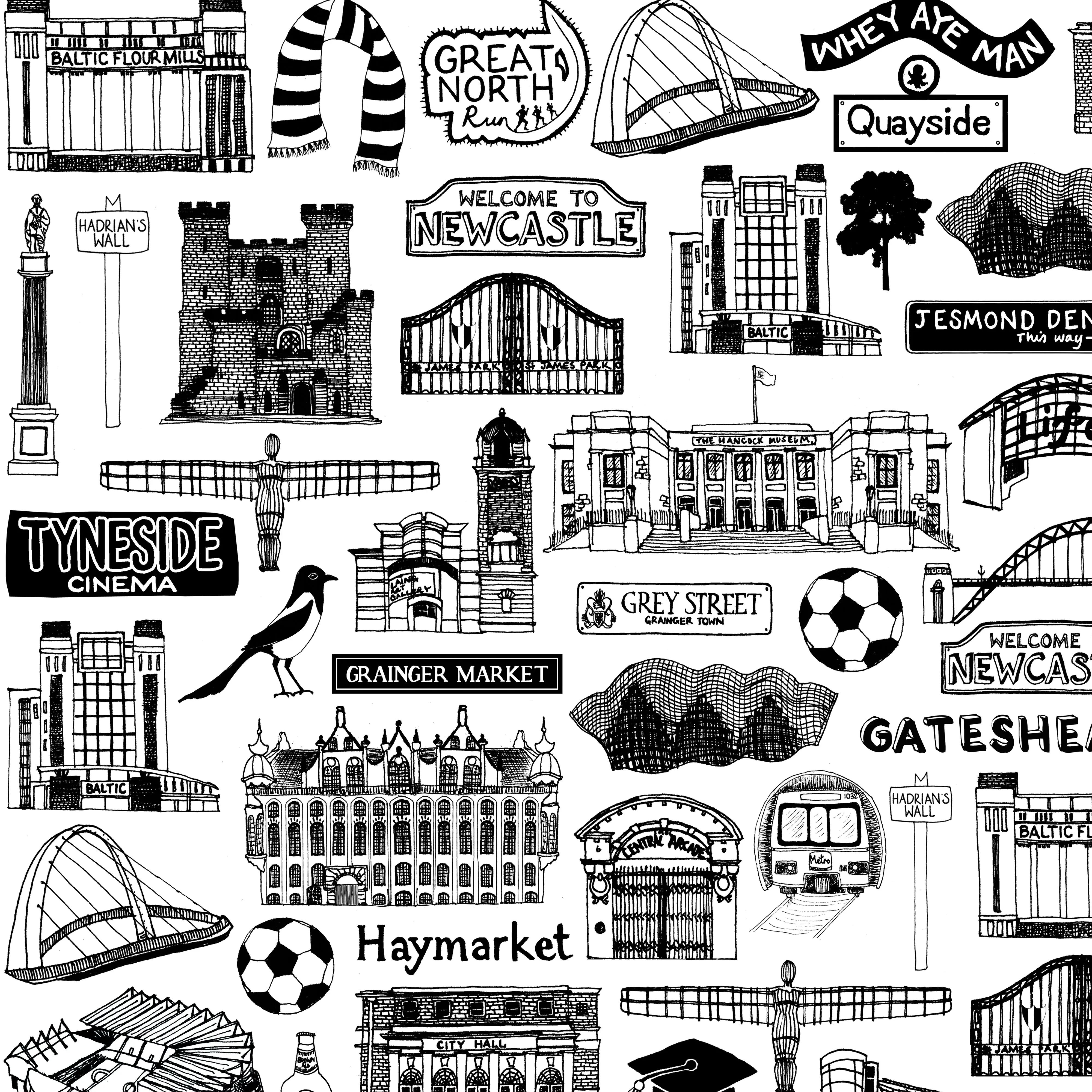 Newcastle illustrated black and white print