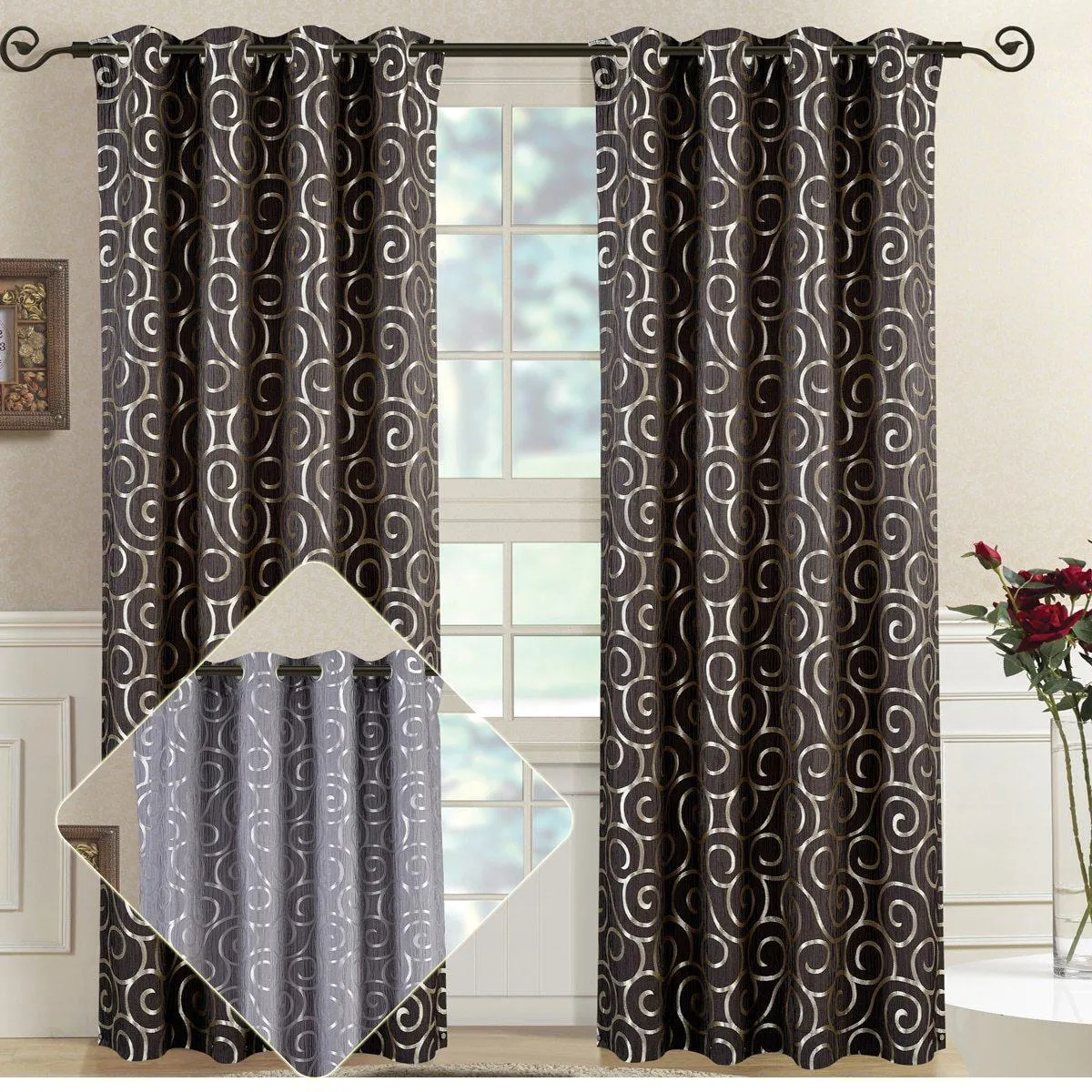 Pair (Set of 2) Top Grommet Window Curtain Panels Abstract Jacquard Tuscany, 104 Inches Total Width.