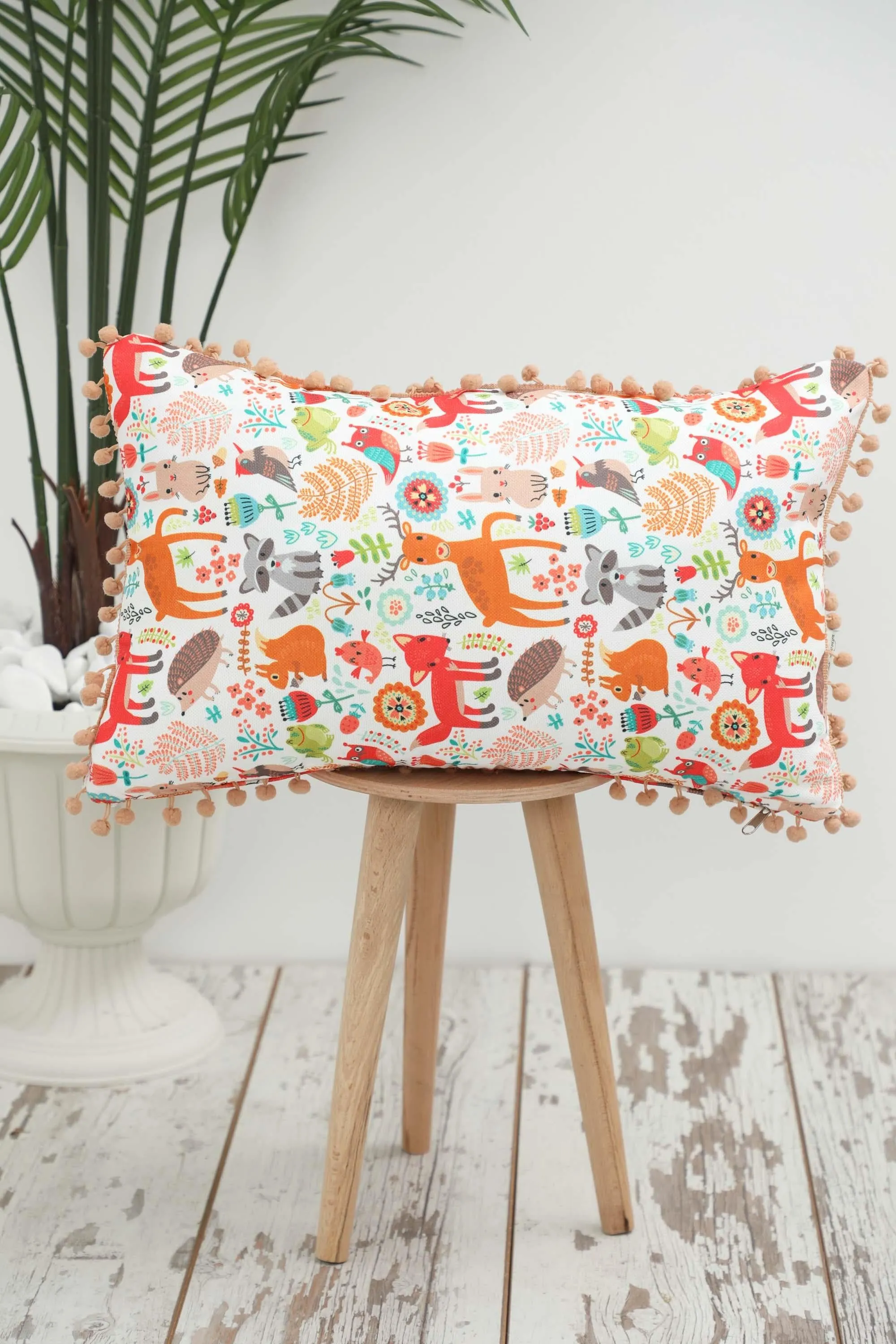 Playful Decorative Pillow Cover with Pom Pom Border, Living Room and Kids Room Decorative Throw Pillow Cover with Many Pattern Options,K-400