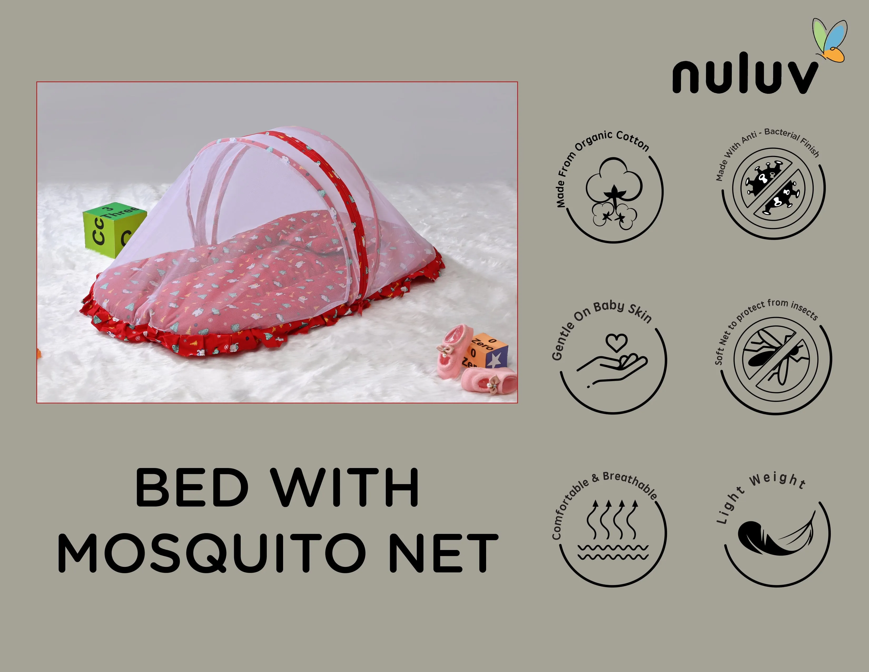 Red bed with Mosquito Net 100 % Organic Cotton with Antimicrobial Finish