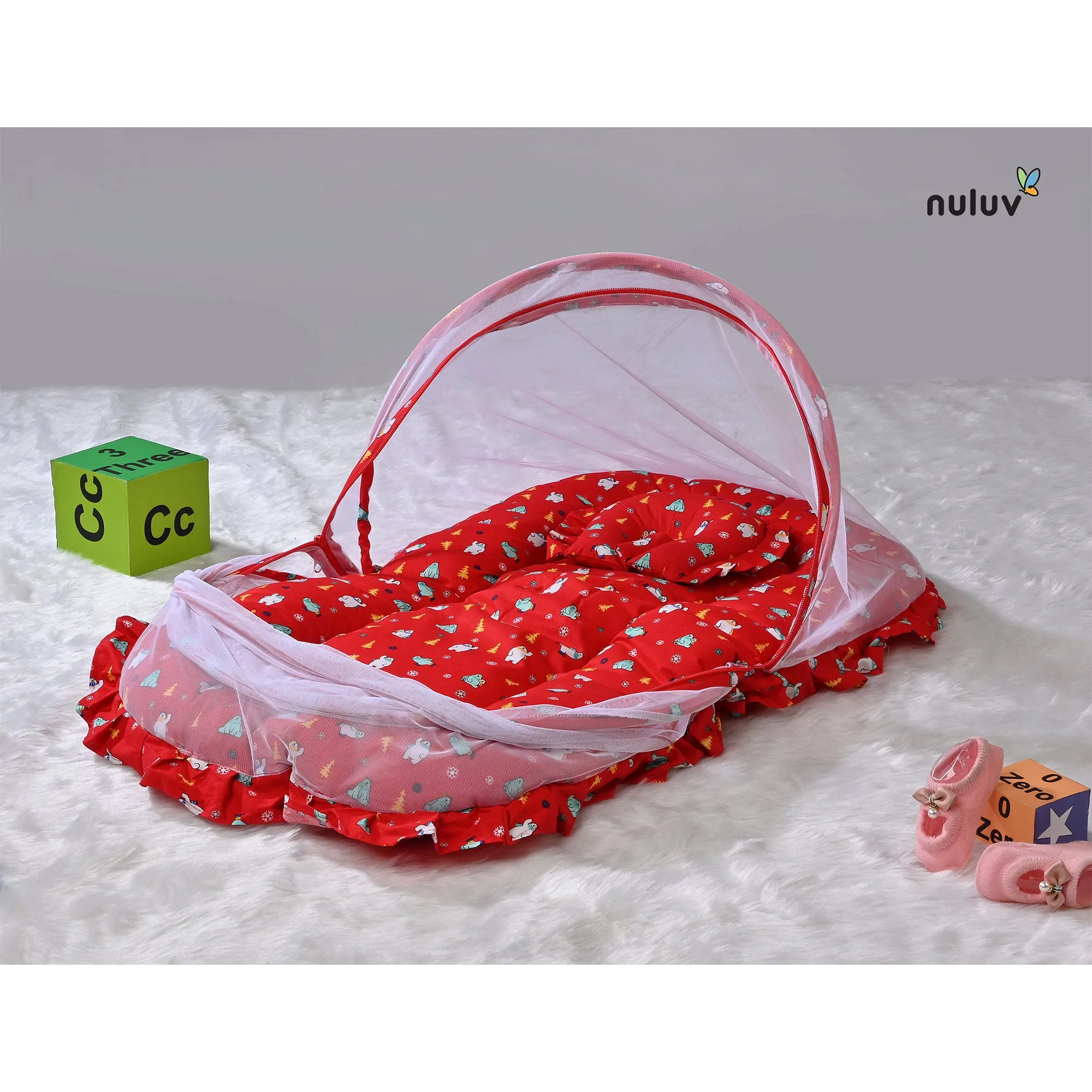 Red bed with Mosquito Net 100 % Organic Cotton with Antimicrobial Finish