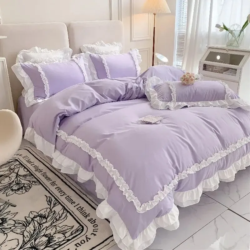 SINOTAO  -  Elegant Lace Bedding Sets Luxury Bed Linen Princess Washed Cotton Ruffle Duvet Cover Bed Sheet and Pillowcases for Girl Luxury