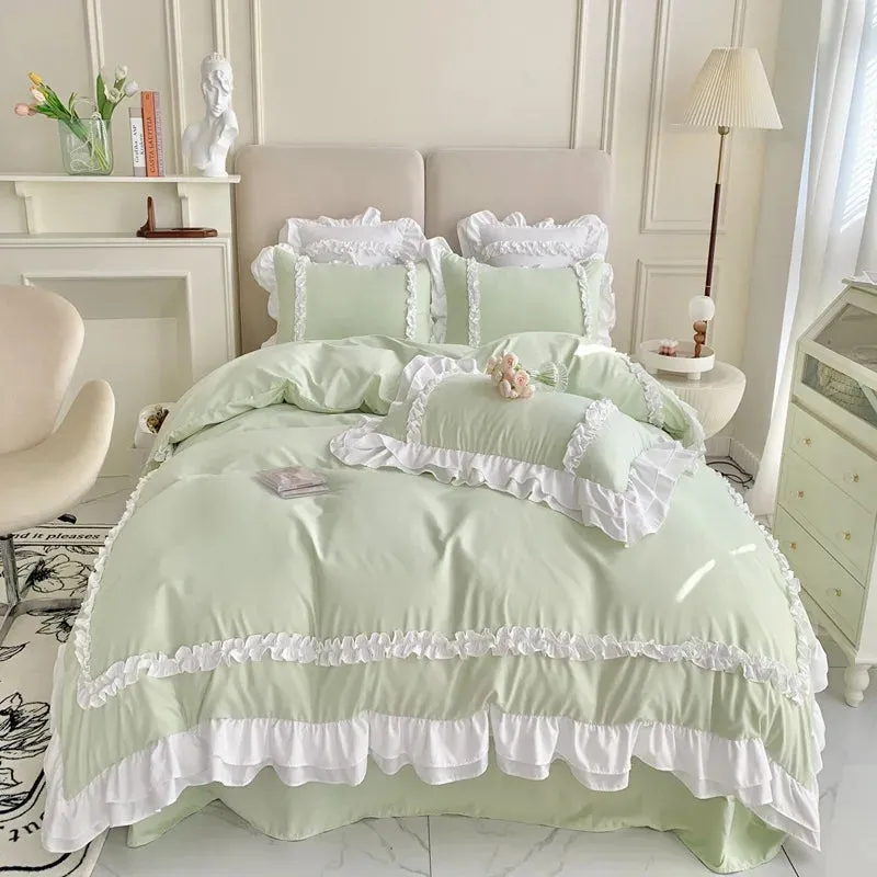 SINOTAO  -  Elegant Lace Bedding Sets Luxury Bed Linen Princess Washed Cotton Ruffle Duvet Cover Bed Sheet and Pillowcases for Girl Luxury