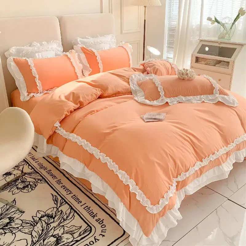 SINOTAO  -  Elegant Lace Bedding Sets Luxury Bed Linen Princess Washed Cotton Ruffle Duvet Cover Bed Sheet and Pillowcases for Girl Luxury