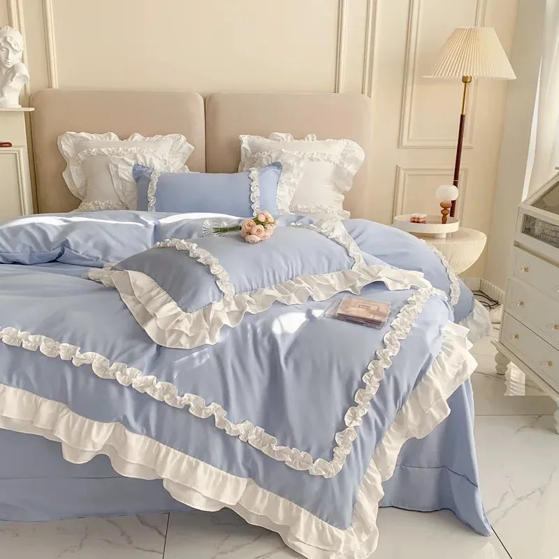 SINOTAO  -  Elegant Lace Bedding Sets Luxury Bed Linen Princess Washed Cotton Ruffle Duvet Cover Bed Sheet and Pillowcases for Girl Luxury