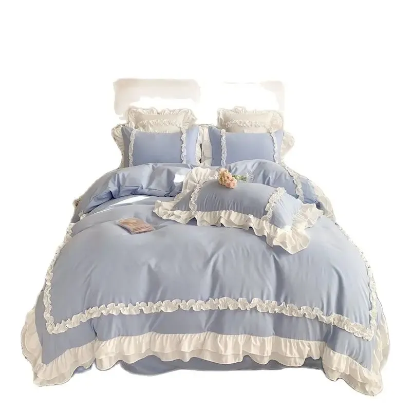 SINOTAO  -  Elegant Lace Bedding Sets Luxury Bed Linen Princess Washed Cotton Ruffle Duvet Cover Bed Sheet and Pillowcases for Girl Luxury