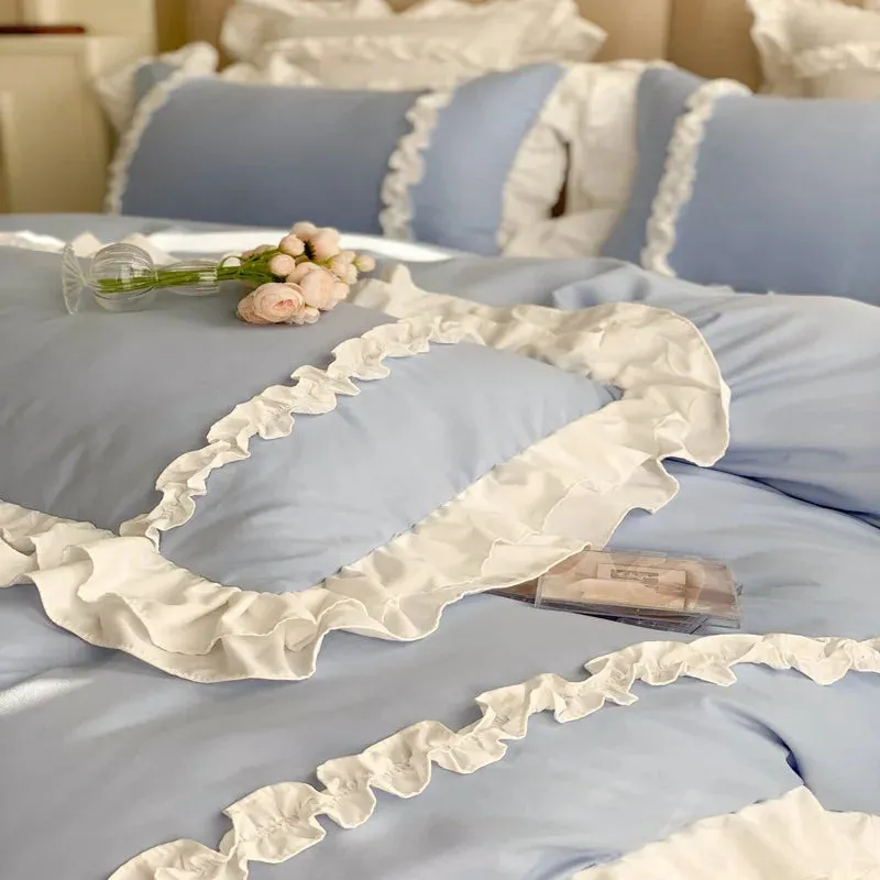 SINOTAO  -  Elegant Lace Bedding Sets Luxury Bed Linen Princess Washed Cotton Ruffle Duvet Cover Bed Sheet and Pillowcases for Girl Luxury