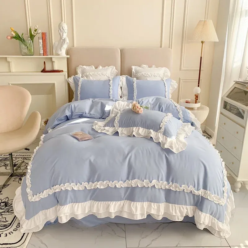 SINOTAO  -  Elegant Lace Bedding Sets Luxury Bed Linen Princess Washed Cotton Ruffle Duvet Cover Bed Sheet and Pillowcases for Girl Luxury