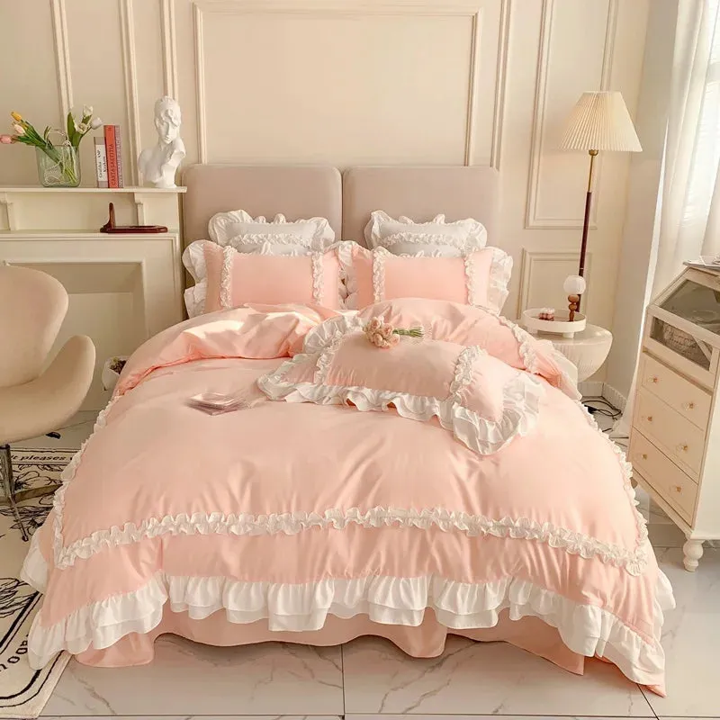 SINOTAO  -  Elegant Lace Bedding Sets Luxury Bed Linen Princess Washed Cotton Ruffle Duvet Cover Bed Sheet and Pillowcases for Girl Luxury