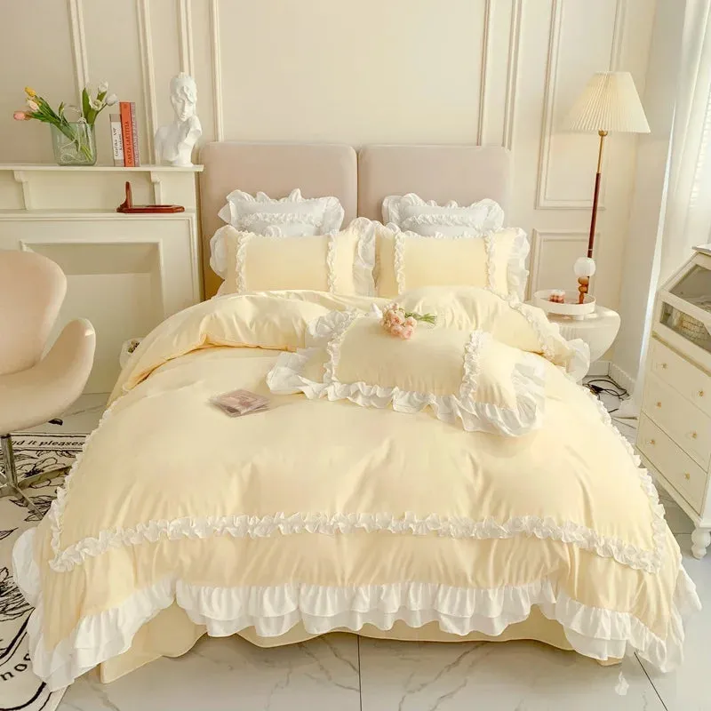 SINOTAO  -  Elegant Lace Bedding Sets Luxury Bed Linen Princess Washed Cotton Ruffle Duvet Cover Bed Sheet and Pillowcases for Girl Luxury